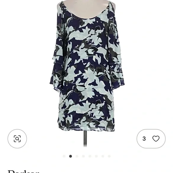 Parker Navy and Light Blue 100% silk Floral Cold-Shoulder Midi Dress - Picture 2 of 8